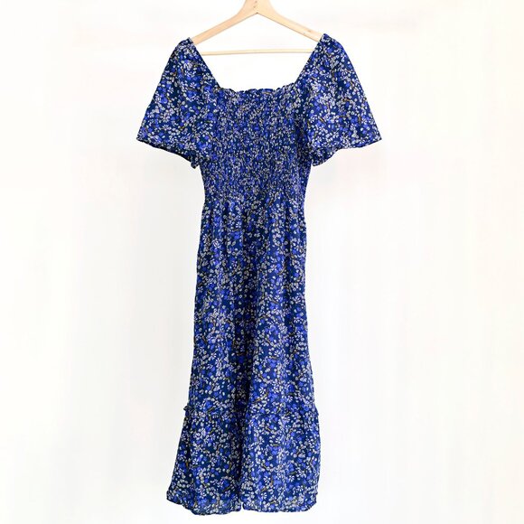 Like New-Draper James Blue Floral Smocked Midi Dress size M - Picture 2 of 6